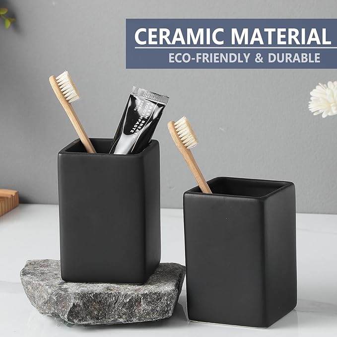 Black Square Toothbrush Holders for Bathrooms - 2 Cups Ceramic Square Toothbrush Toothpaste Holders Set, Bathroom Tumbler Cups Reusable Toothbrush Mouthwash Cup, Bathroom Counter Organizer.