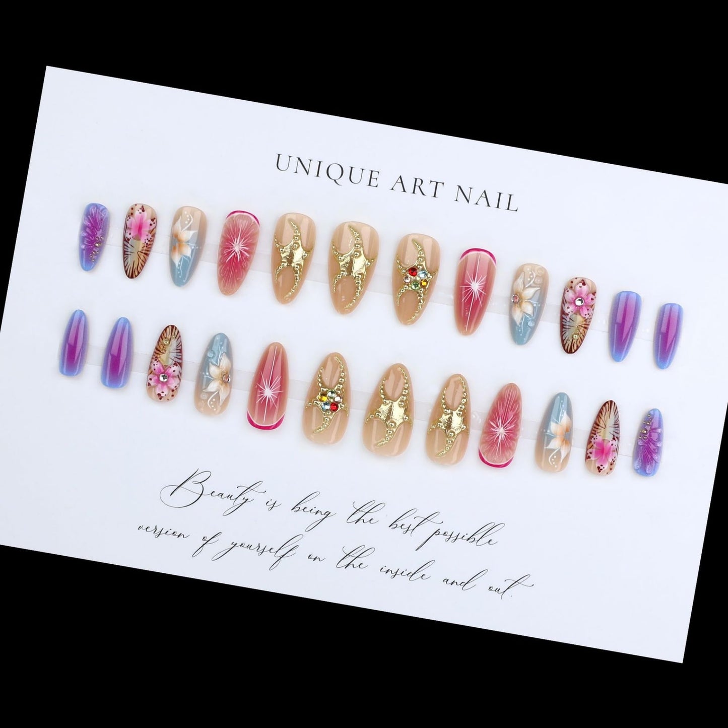 Long Press on Nails Almond Ombre Flowers Stick on Nail for Women 24pcs