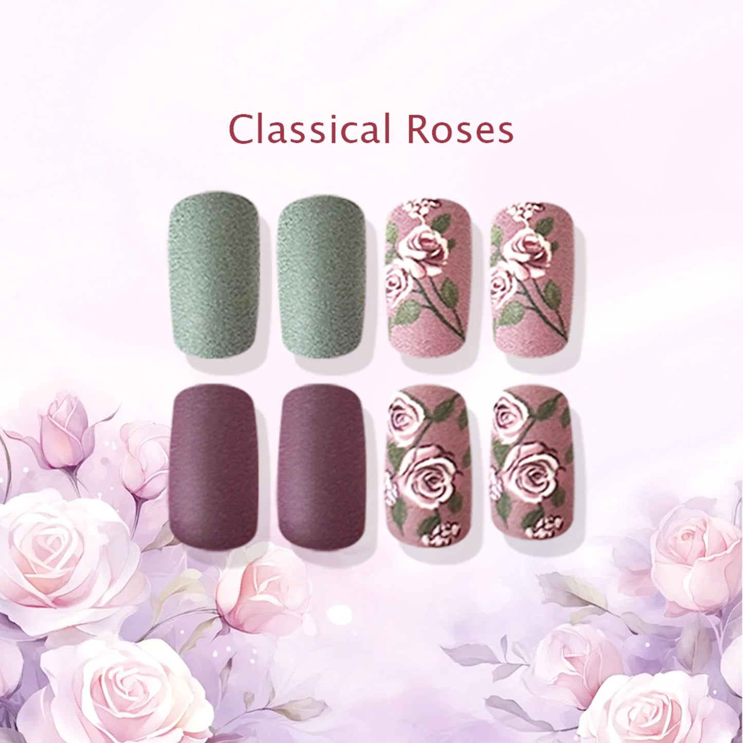 24Pcs Press on Nails Medium Square Fake Nails with Purple Flower Green Leaves Designs Matte Nails Press ons Square Medium Glue on Nails Acrylic Artificial Stick on Nails for Women
