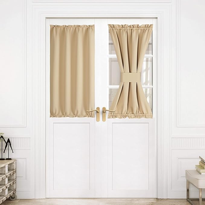 NICETOWN Farmhouse French Door Curtain Drapes - Thermal Insulated Solid Blackout Front Glass Door Side Panels 30x40 inches Privacy with Tiebacks - 1 Piece, Biscotti Beige