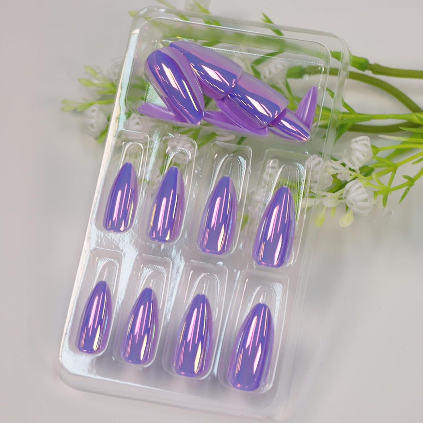 Almond Press on Nails Medium Fake Nails with Chrome Aurora Designs Glossy Purple Nails Press ons Full Cover Acrylic Nail Cute Stick on Nail for Women 24 Pcs