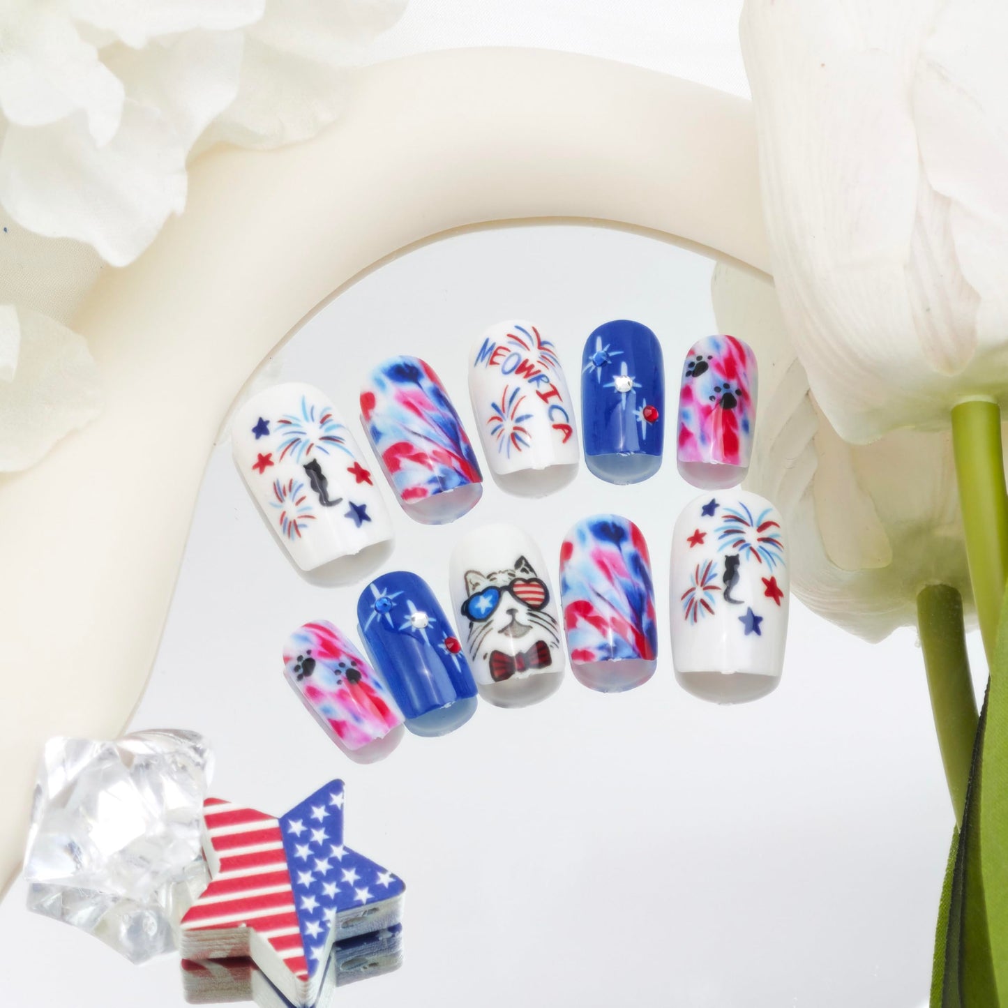 24Pcs 4th of July Press on Nails Short Square Fireworks Fake Nails American Flag with Red White Blue Marble Designs Patriotic Cat Glue on Nails Independence Day False Nails for Women Acrylic Manicure