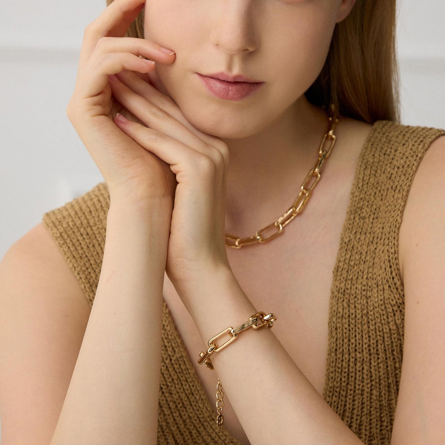 COBI Chunky Bracelets for Women, Paperclip Bracelets, Coffee Bean Chunky Link Bracelet, 18K Gold & Sterling Silver Plated, Stackable Thick Large Punk Jewelry 7.4''+1.2''-Thin Paperclip Gold