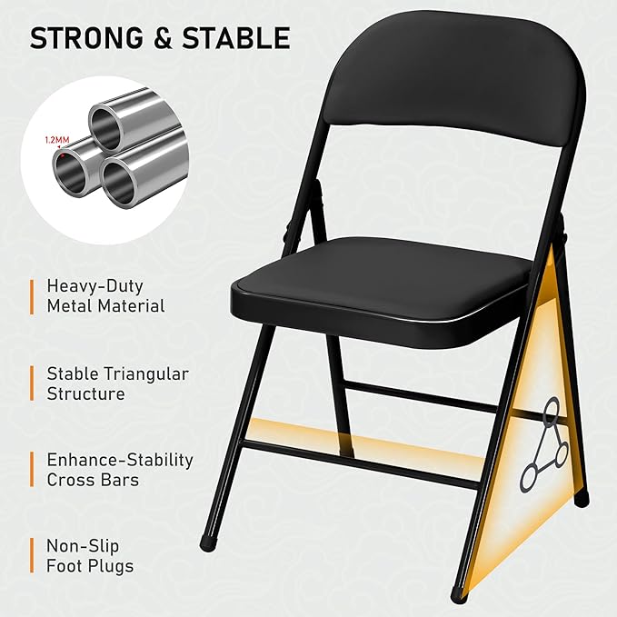 SEALAMB 6 Pack Black Folding Chairs with Padded Seats & Cushion, Durable Metal Foldable Chairs for Wedding Party, Commercial Chairs for Office School Church Events, 330lb Capacity (Black-PU, 6 Pack)