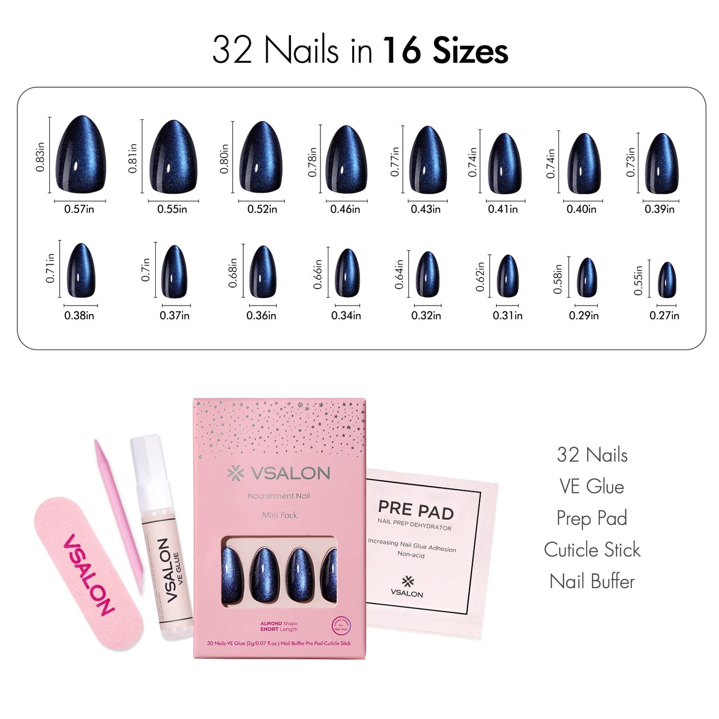 VSALON Press on Nails Short Almond - Deep Blue Cat Eye & Silver Metallic Finish French Tip