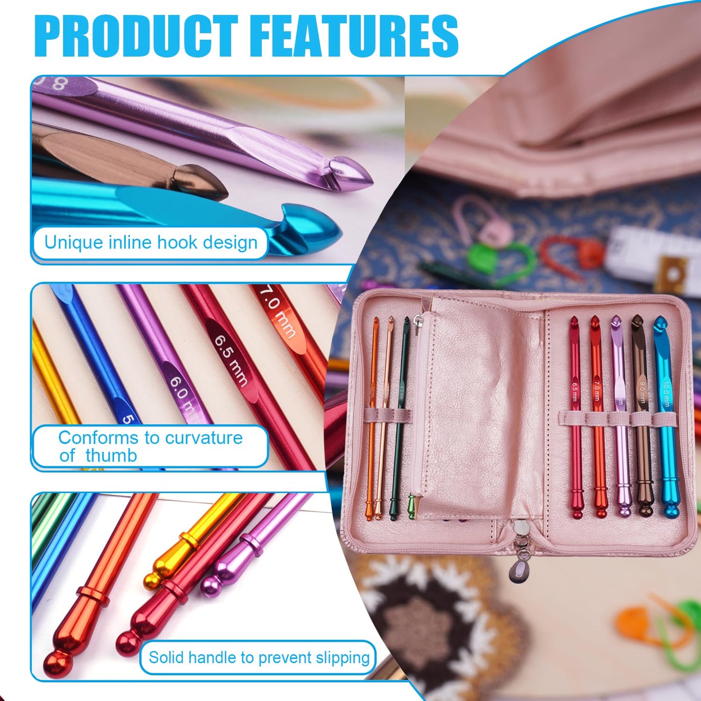 Mdoker Latest Inline Crochet Hook Set with Case Aluminum Ergonomic Crochet Hooks,Non-Slip Hooks for Arthritic Hands,Nice Gift for Women,3mm-10mm