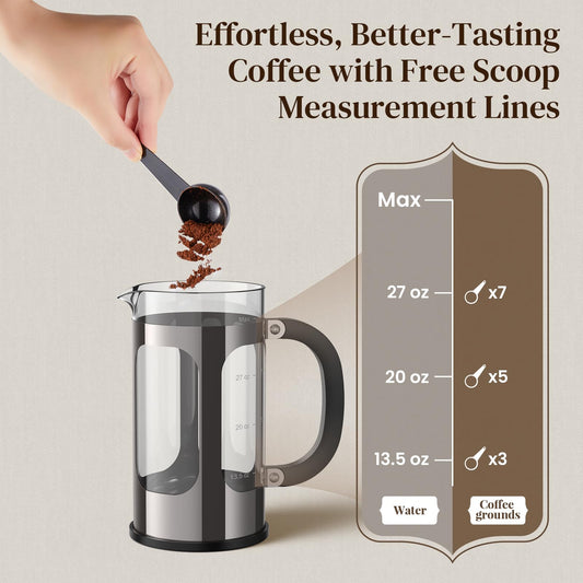Veken French Press Coffee Maker 34oz, No Plastic Touching Cafe,Thickened Glass Stainless Steel Brewer, Cold Brew Cafetera Tea pot for Kitchen Travel Camping, Gifts, Decor, Bar Accessories, Dark Pewter