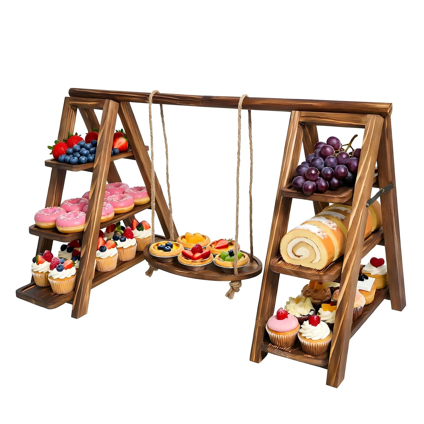 3 Tier Cupcake Stand with Swing, Wooden Cupcake Stand, Swing Cupcake Stand with Removable Serving Platter and Foldable Ladder for Birthday Anniversary Party Decoration