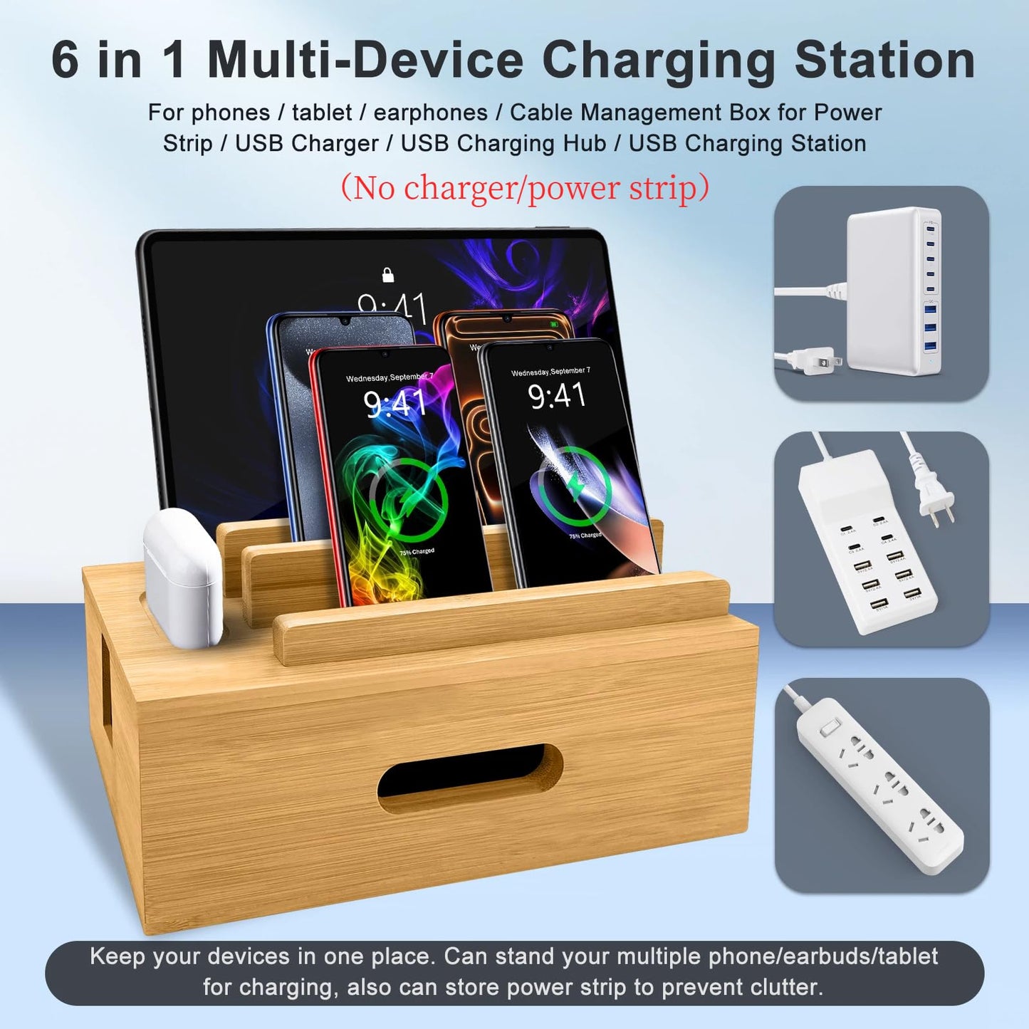 Osmudax Bamboo Charging Station for Multiple Devices, Cable Management Box for Power Strip, USB Charger & USB Charging Hub/Station, Wood Docking Station Desktop Organizer Bedside Table Organizer