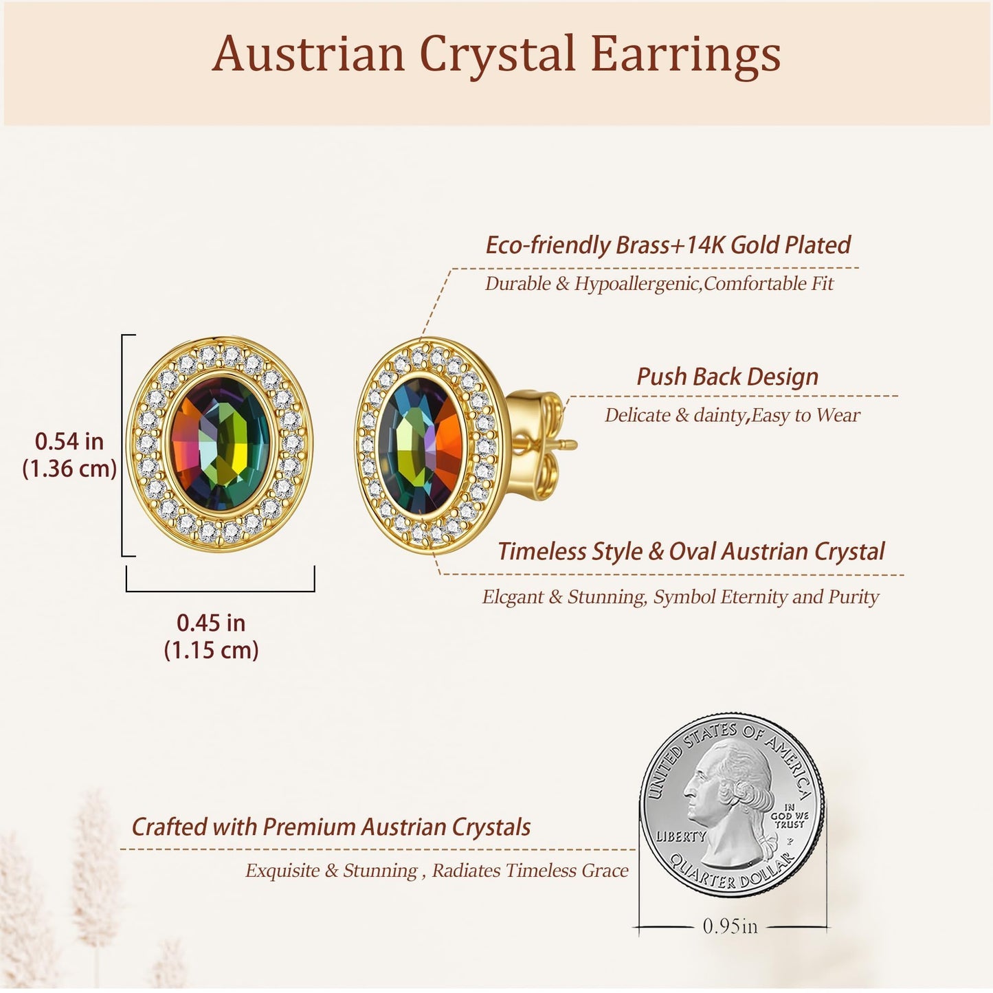 EVEVIC Austrian Crystal Halo Oval Stud Earrings for Women Trendy,14k Gold Plated Hypoallergenic Earring Jewelry Gift (Vitrail Medium)