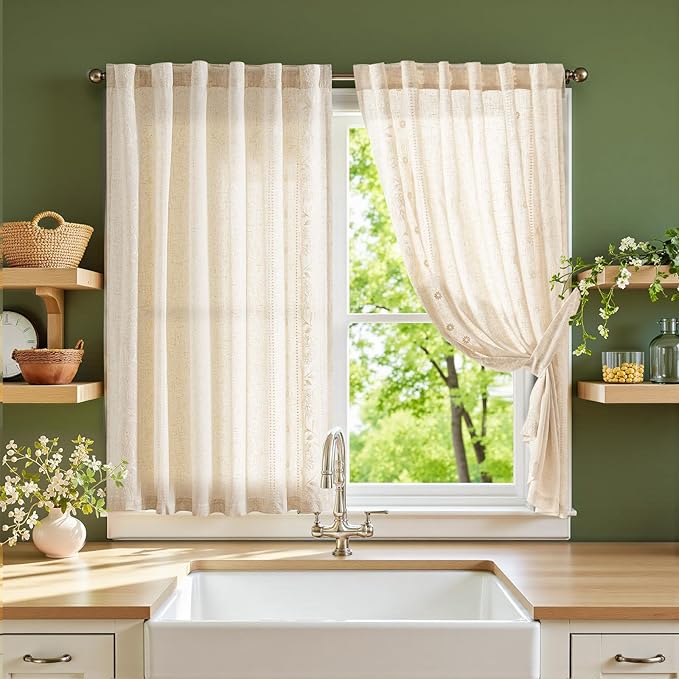 jinchan Winslow Linen Curtains 45 Inch Length Small Window Curtains Embroidered Bordered Floral Drapes Light Filtering for Bathroom Laundry Room Kitchen Farmhouse Decor White on Beige 2 Panels