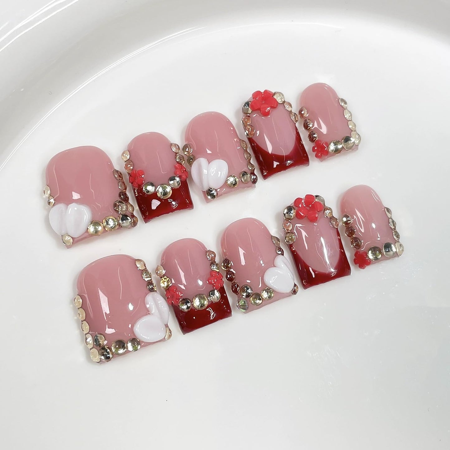 Handmade Press on Nails Square Short Fake Nails French Tip Red with 3D Flower Designs Rhinestones luxury Glossy Cute Acrylic Nails for Women 10pcs (Size M）