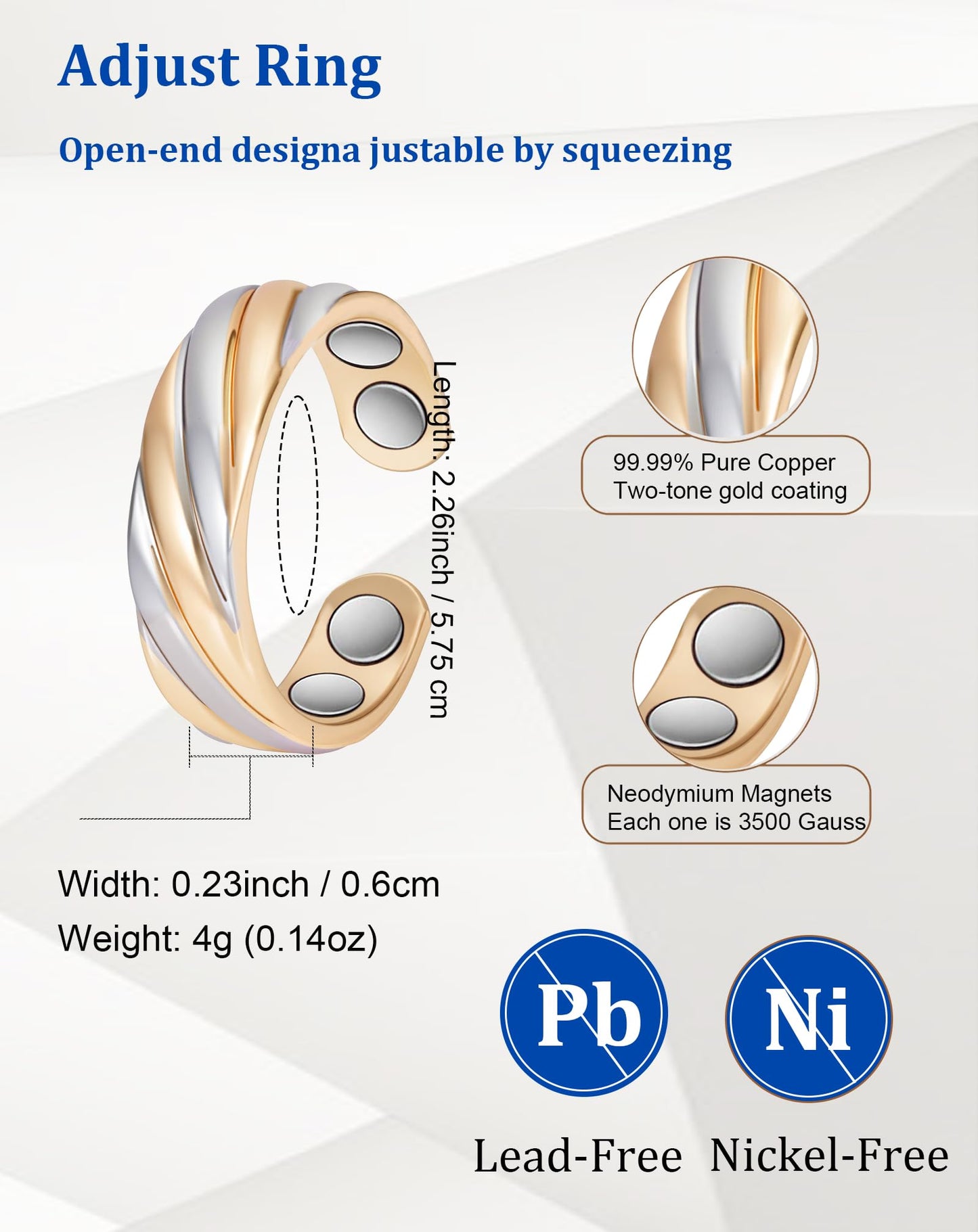 MagSølv Copper Rings for Women, Pure Copper Adjustable Magnetic Ring, Two-Tone Gold Jewelry