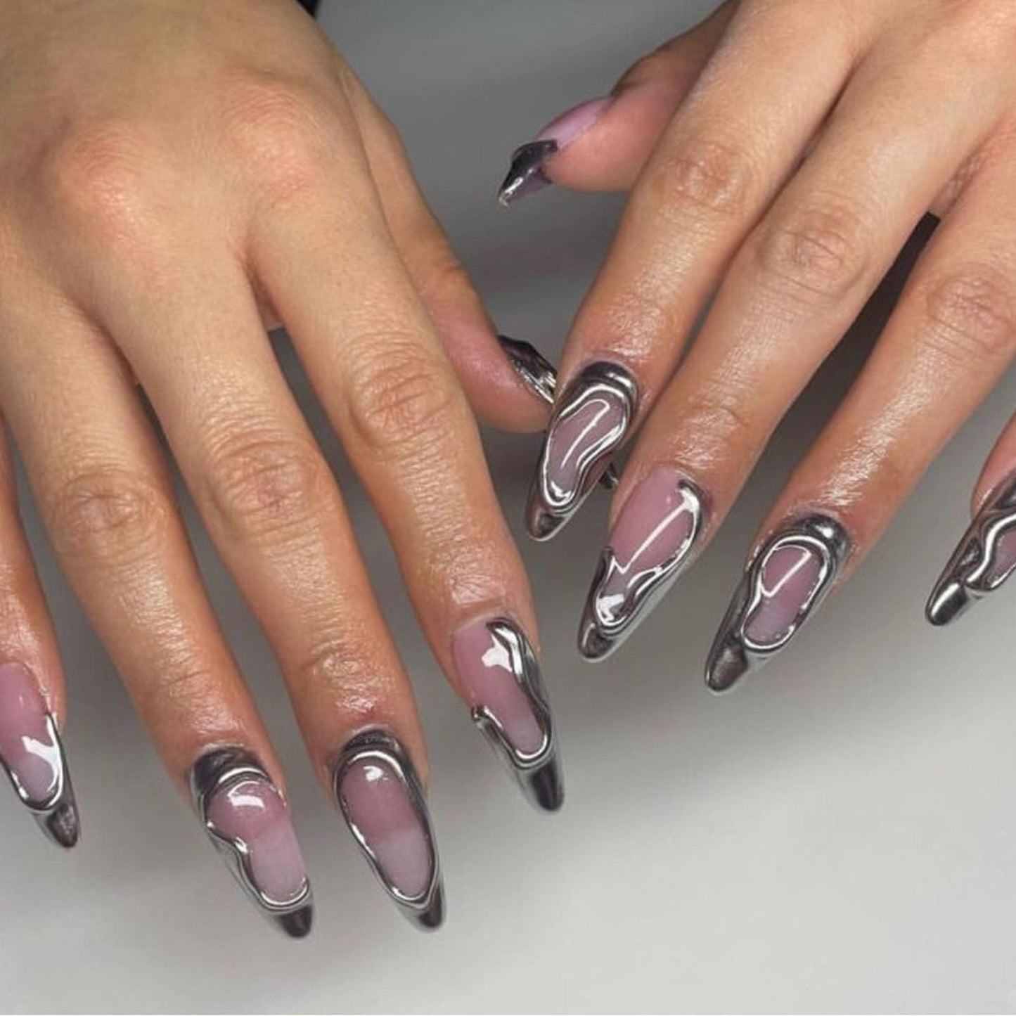 IMRAIN Silver Press on Nails Medium Almond Fake Nails 3D French Tips False Nails Full Cover Glossy Glue on Nails for Women Girl 24Pcs