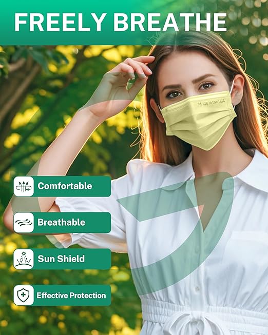 Disposable Face Masks Made in USA, 4 Ply for Families, Students, Breathable All-Day Wear & Safety, FSA HSA Eligible, ASTM Level 3 Medical Grade, 50 Pack, Light Yellow