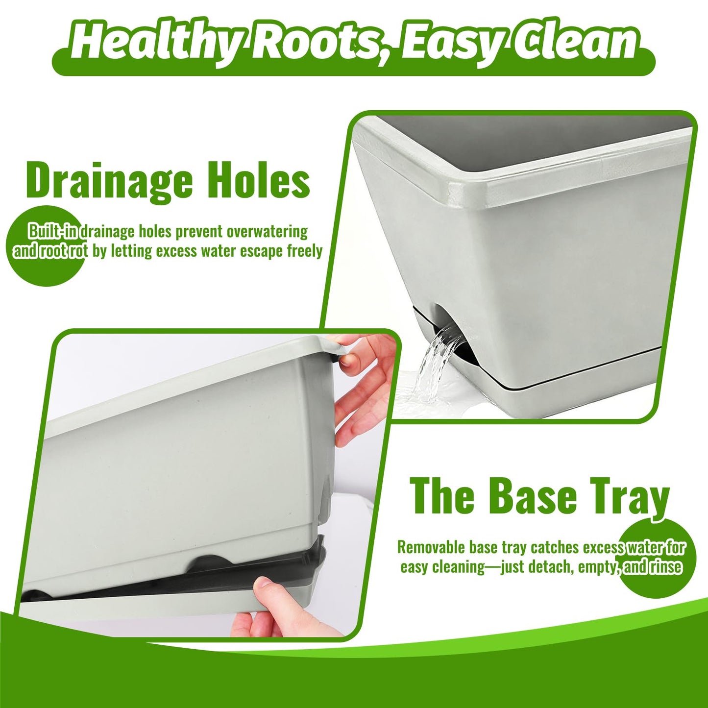 7 Pack Outdoor Planters, Plastic Rectangular Flower Pots with Saucers and Gardening Tools, 17 Inches for Indoor/Outdoor Plants, Herbs, Vegetables, Includes Trowel, Waterproof Mat & Gloves(Offwhite)