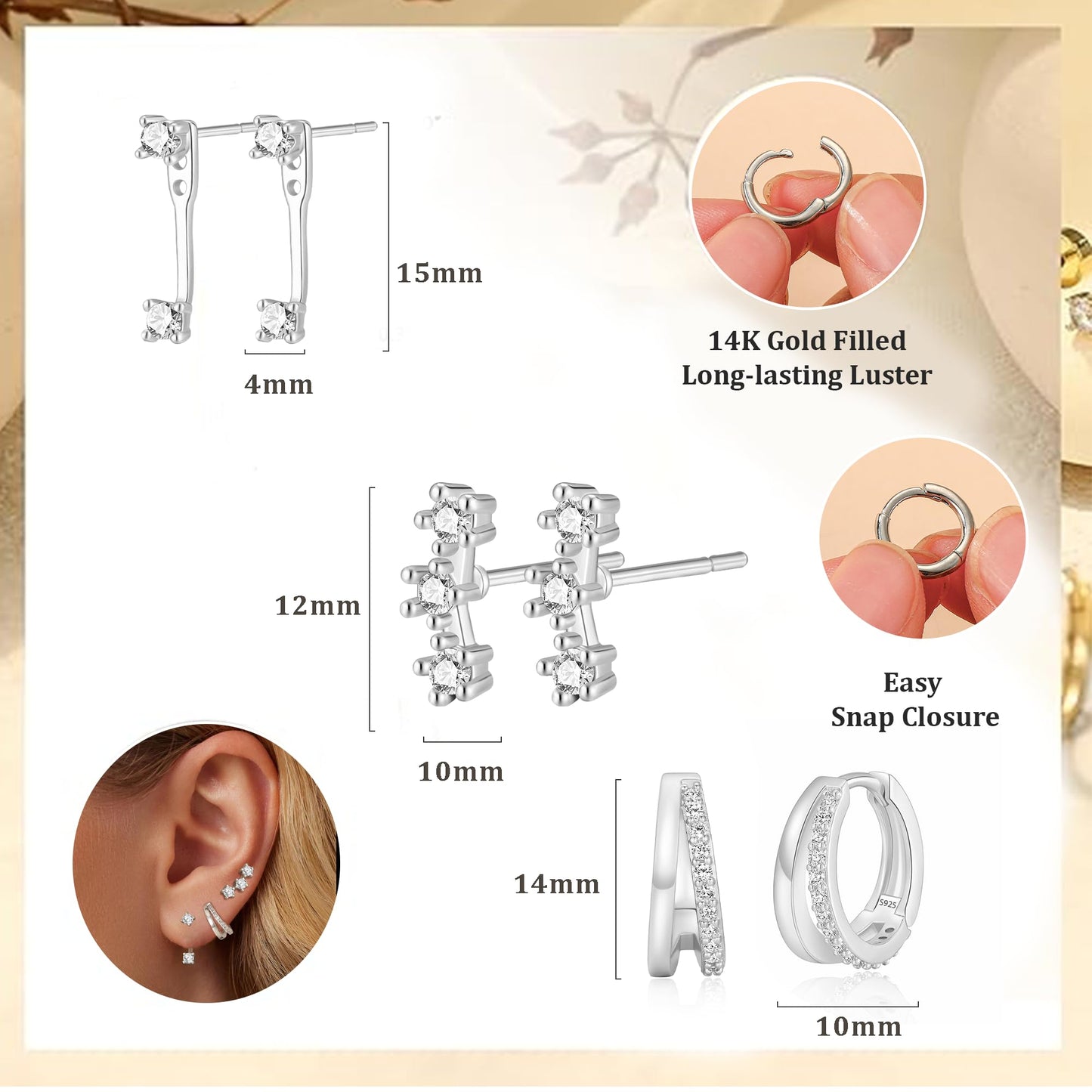 DORANA 3 Pairs 925 Sterling Silver Earrings for Women Non Tarnish Small Huggie Hoop Earrings Hypoallergenic Cartilage Hoops Stackable Earring Silver Stacks Sets for Multiple Piercing