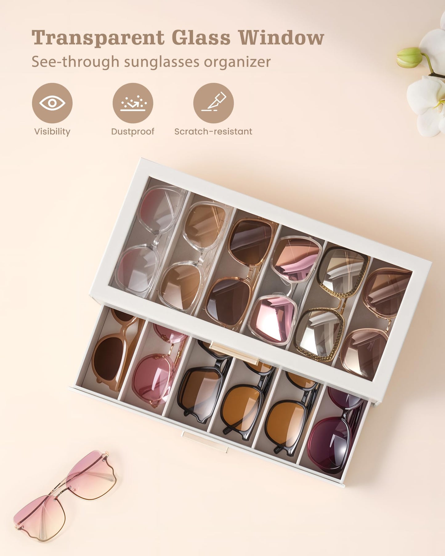 Lolalet 12 Slots 2-Layer Sunglasses Storage Box for Women, Eyewear Eye Glass Sunglass Organizer with Clear Top Lid Display Holder Case for Eyeglass Watch Jewelry, Mothers Day Gifts -Beige