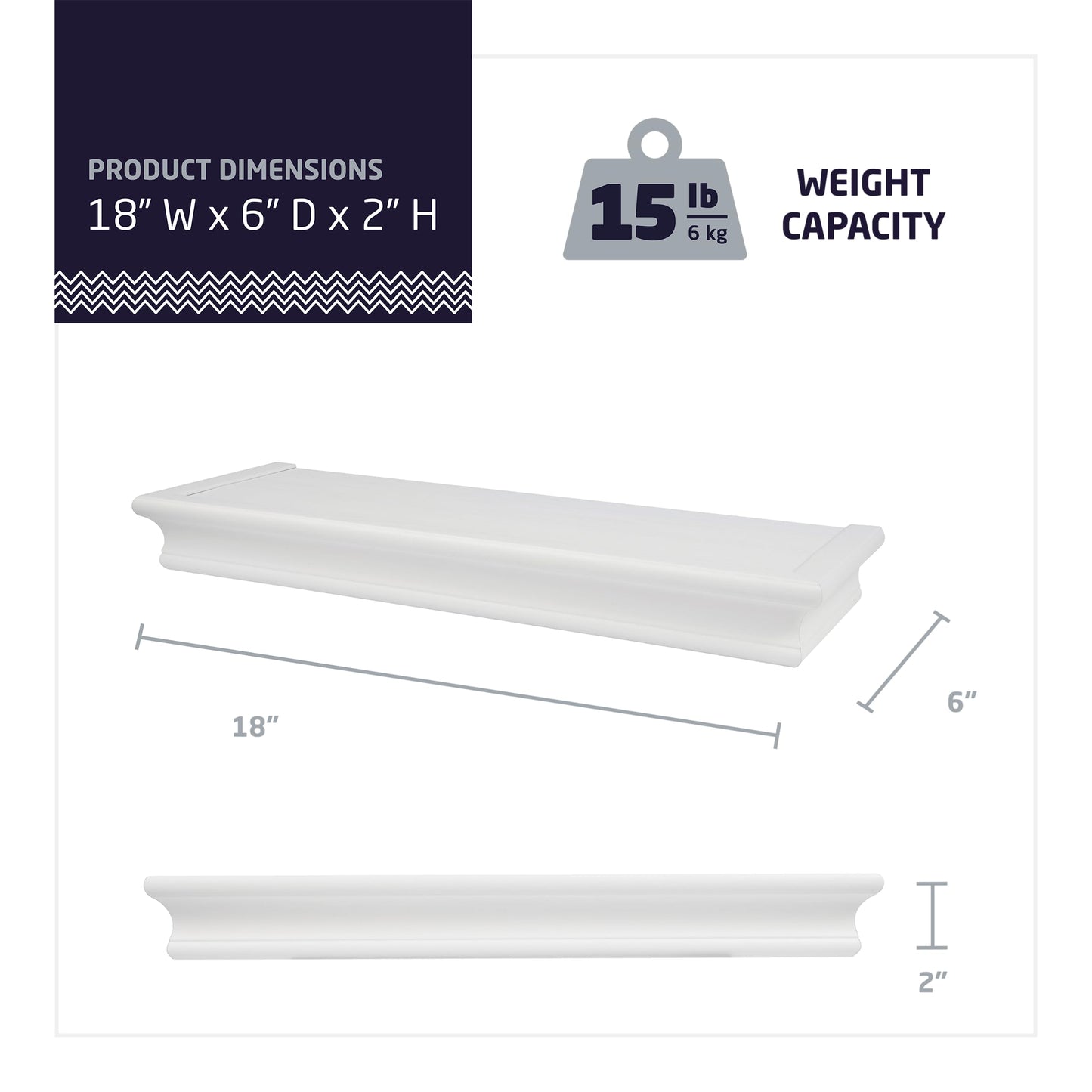 HIGH & MIGHTY Decorative 18" Floating Shelf Holds up to 15 lbs, Easy Tool-Free Dry Wall Installation, Beveled, White | 515654