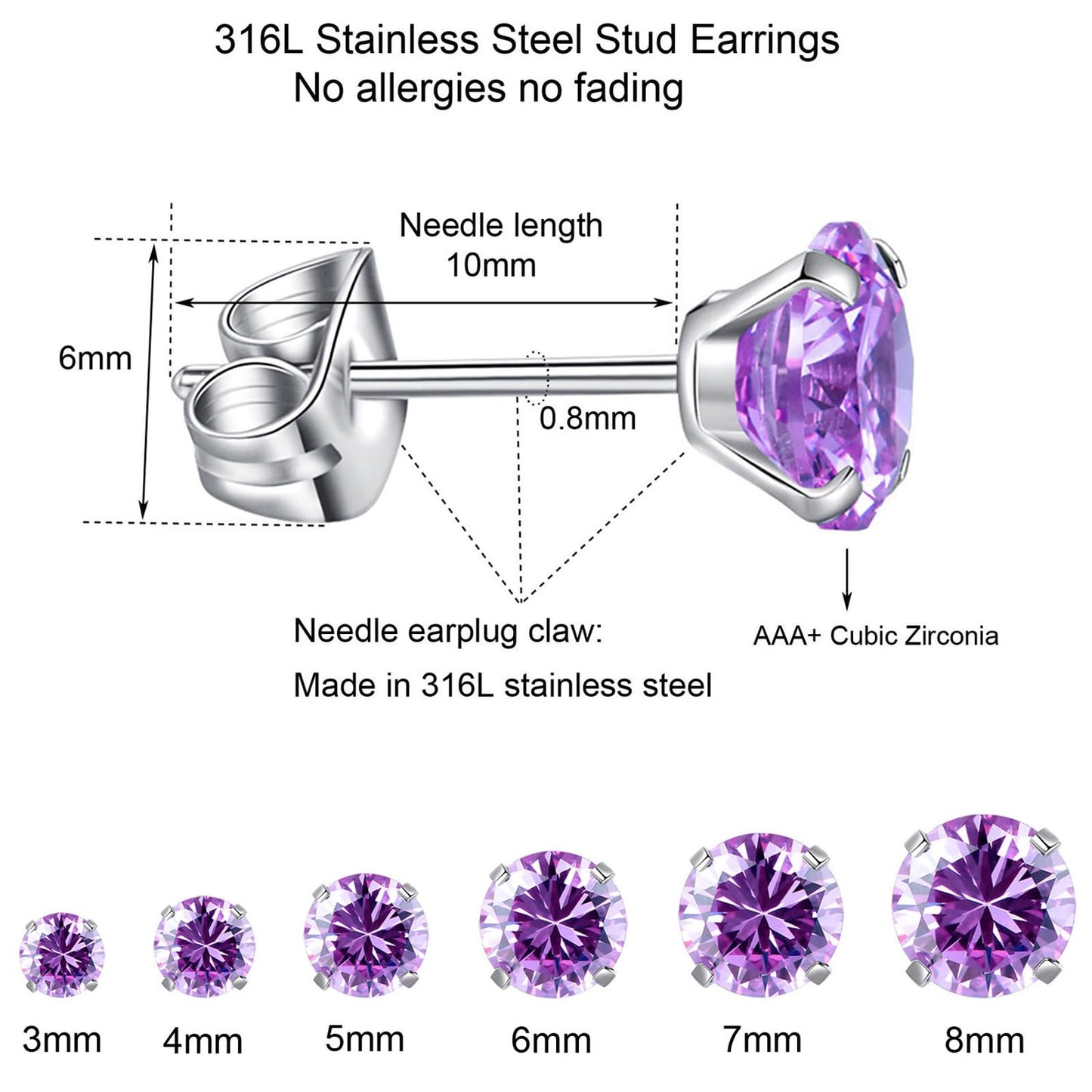 6 Pairs Stud Earrings Set, Hypoallergenic Cubic Zirconia Earrings 316L Stainless Steel CZ Earrings 3-8mm (Purple CZ)