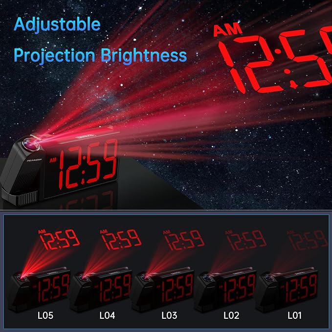 Peakeep Projection Alarm Clock for Bedroom Ceiling with Colorful Nightlight