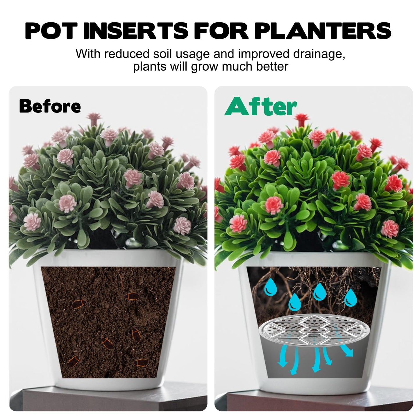 6 Pack Round Planter Insert, 9.4/11/12.5-Inch Planter Inserts with Drainage Holes Stainless Steel Plant Risers for Inside Pots for Tall or Short Planters Use Less Potting Soil Indoor & Outdoor