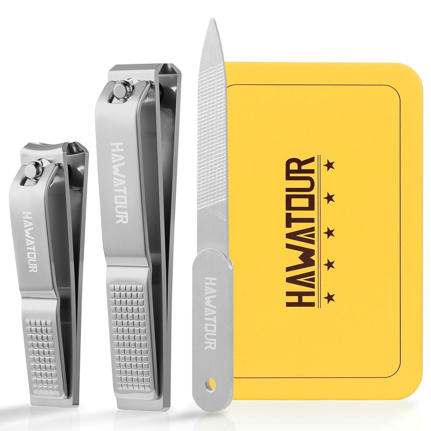 HAWATOUR Nail Clippers 3-Piece Kit, Ultra Sharp Fingernail Toenail Cutters with Separate Nail File, Compact Tin Case, Silver