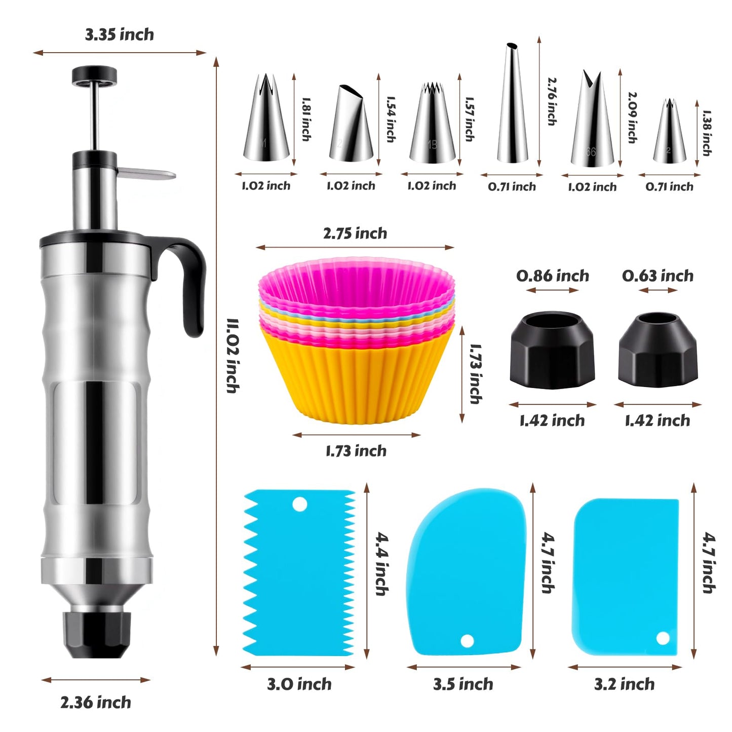MIKESIER Dessert Decorating Syringe Set, Stainless Steel Frosting & Icing Piping Kit with 6 Tips and 9 Silicone Cupcakes,3 Cream Scraper for Cake Decorating Tools Cupcake Decorating Kit