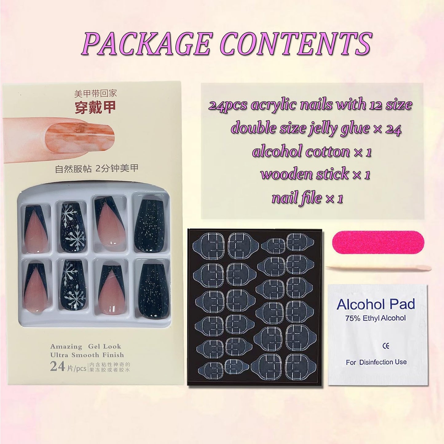 Black Christmas Press on Nails Winter Snowflake Fake Nails Medium Coffin Acrylic Glue on Nails with White Snowflake Glitters Designs Christmas Manicure False Nails for Women Nail Art Decoration 24Pcs