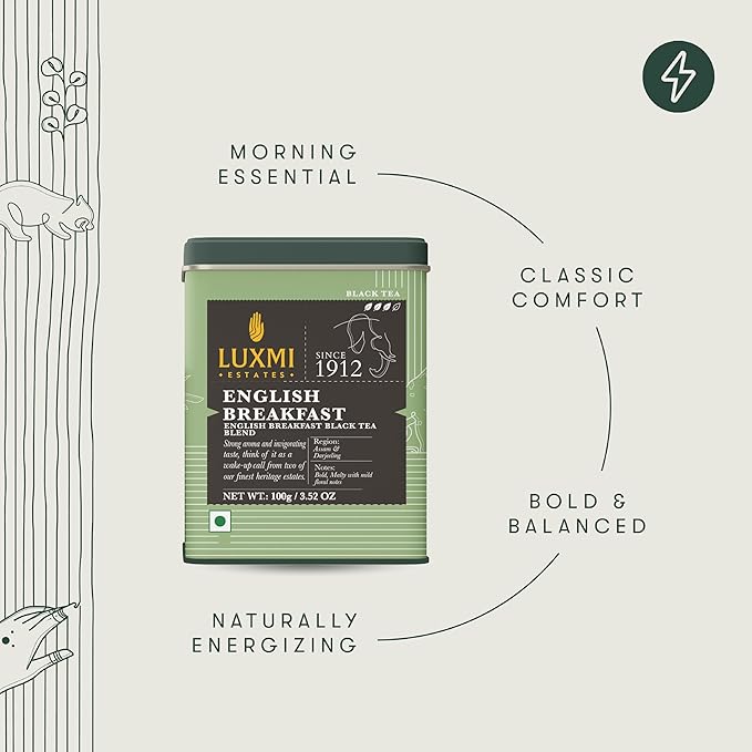 Luxmi Estates - Tale of Two Estates - Organic English Breakfast Tea - Loose Leaf - 100g (50 Cups) | Made with Organic Darjeeling & Assam Tea from India | Smooth, Flavorful, Robust and Caffeinated