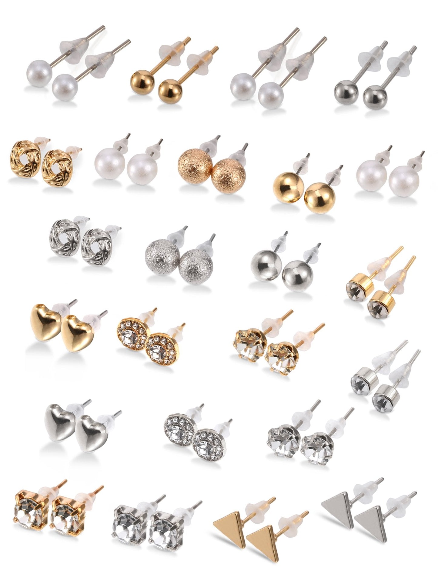 BBTO 24 Pairs Stud Earrings Crystal Pearl Earring Set Ear Stud Jewelry for Women Men(Sliver, Gold)