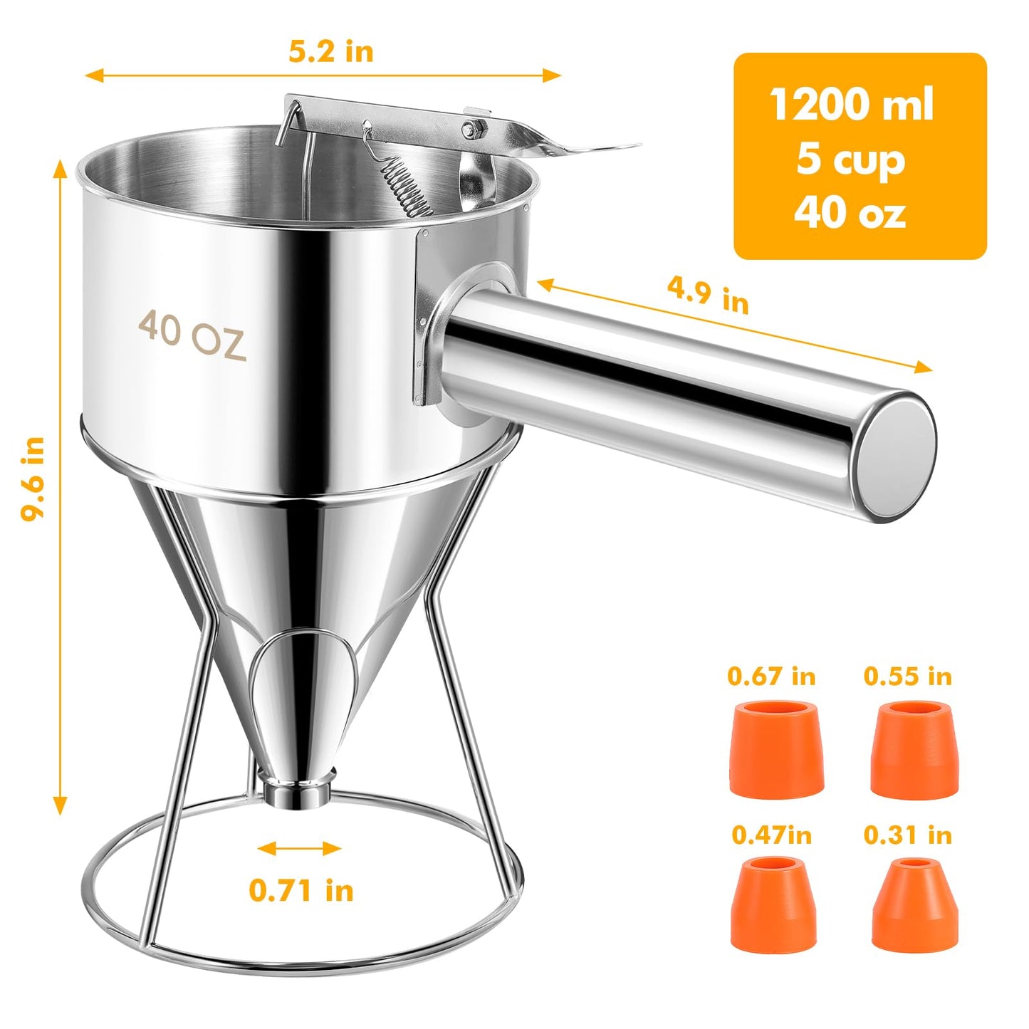 Babcarriery Pancake Batter Dispenser 40 OZ - Funnel Cake Dispenser With Stand, Stainless Steel, Leak-Proof Nozzle & Squeeze Handle, Precise Control, for Pancakes, Waffles, Cupcakes & Baked Goods