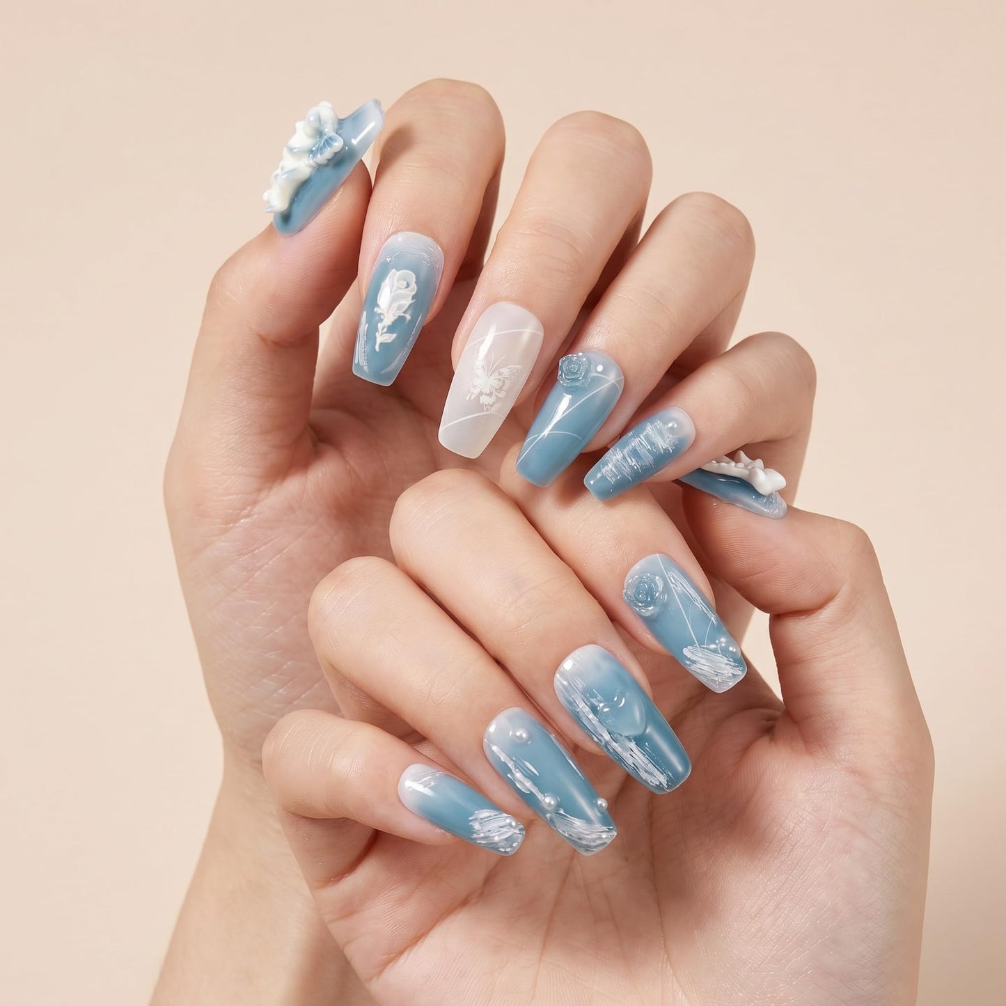 Sun&Beam Nails Handmade Press On Nail Coffin Ballerina 3D Accessories Blue Acrylic Fake Tip Design Art Charms Cute with Storage Box 10 Pcs (#008 L)