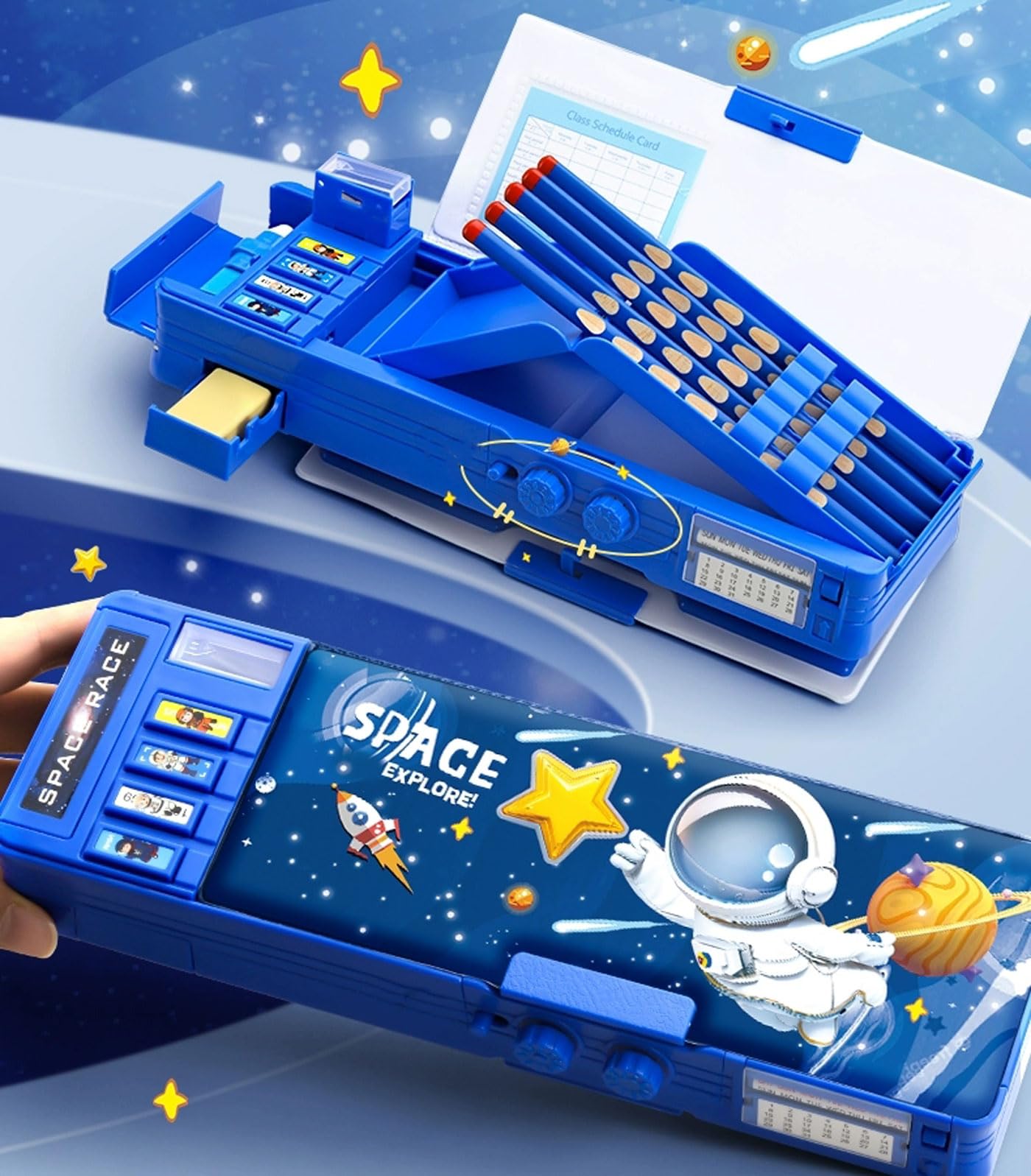 Pop up Multifunction Pencil Case for Kids Unique Stationery Set School Supplies Astronaut Pen Box for School Students Cute Pencil box for Boys with Sharpener Password Lock Schedule Whiteboard(Blue）