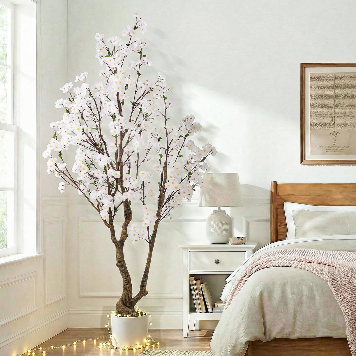 Artificial Cherry Blossom Tree, 7FT Tall Artificial Tree with White Pot, White Fake Sakura Flower Tree, Faux Silk Plants for Home, Living Room, Wedding, Garden, Balcony, Hotel Decoration