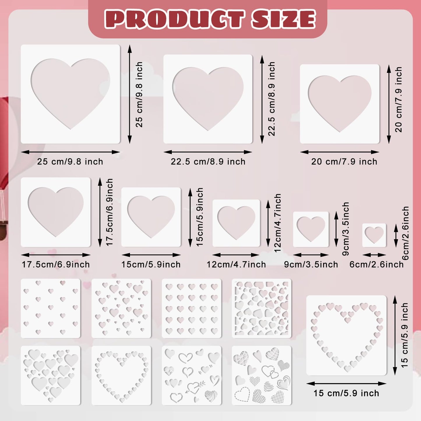 JarThenaAMCS 16Pcs Heart Shaped Stencils Assorted Stencils Reusable Love Heart Plastic Drawing Painting Template for Mother's Day Valentine's Day DIY Art Craft Painting on Wood