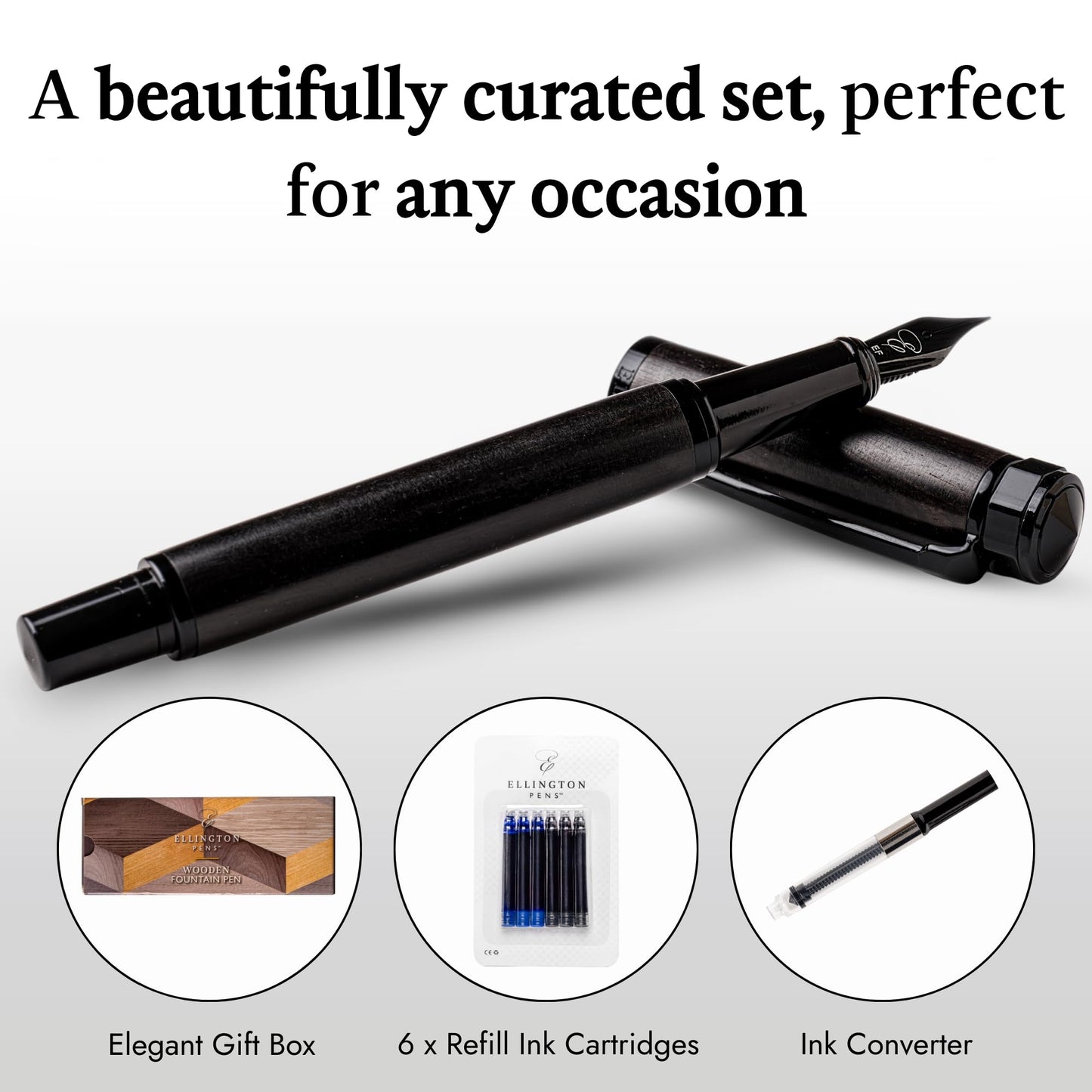 Ellington Pens Luxury Wood Fountain Pen Set – Fine Nib - Includes 6 Ink Cartridges, Wooden Pen Gift Box, Ink Converter - Wood Pen For Writing, Calligraphy, Journaling, Drawing (Ebon Elegance)