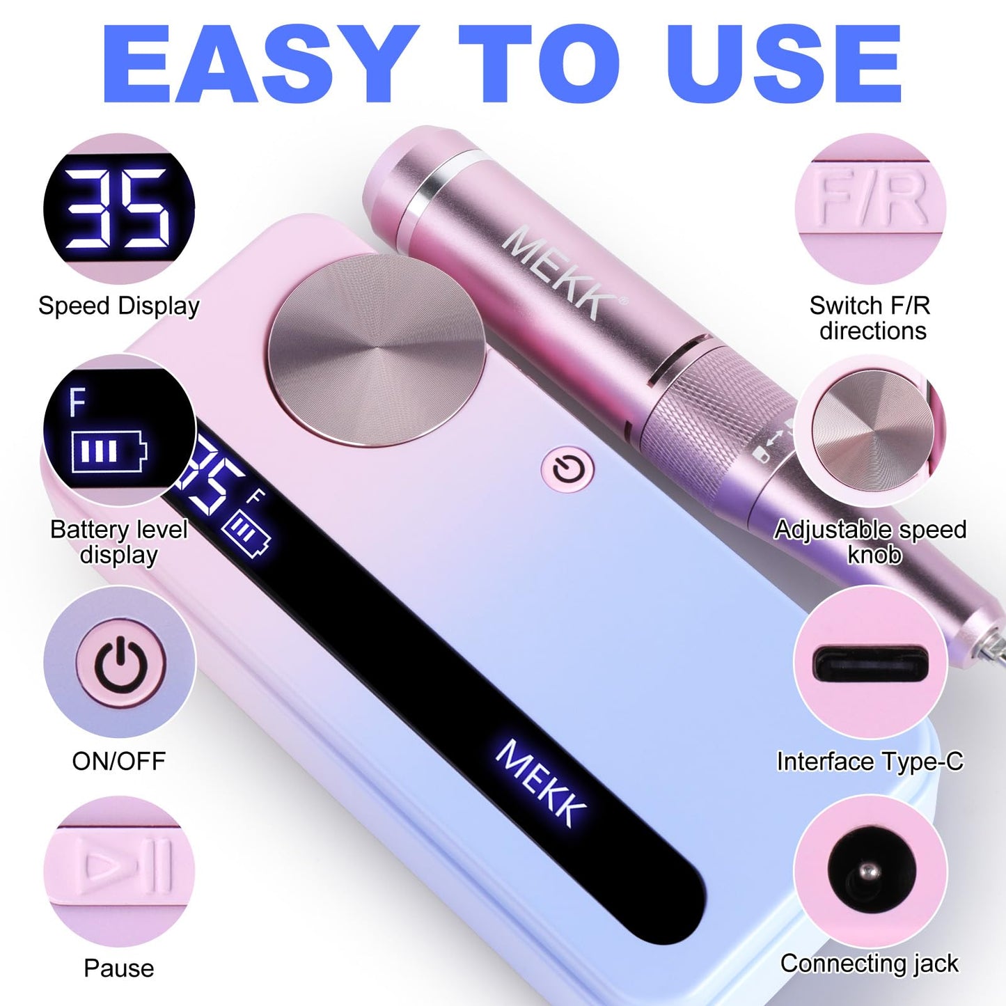 MEKK Nail Drill Kit,35000RPM Electric Nail Drill Professional Electric Nail File with 12PCS Bits,Anti-Shaking Cordless E Filer for Nails with LCD Display,Home & Salon (Pink-Blue)