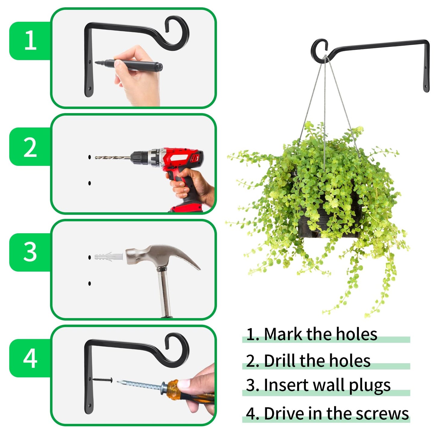 MOWPOG Metal Hanging Plant Hooks, 2 Pack 10 Inch Wall Hooks for Hanging Plants, Bird Feeder, Flower Basket, Wind Chimes, Indoor Outdoor (Black)