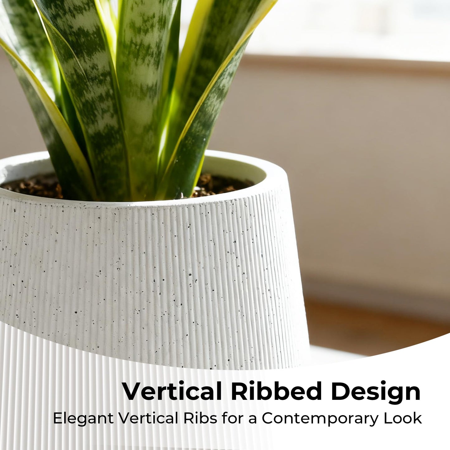 Worth Garden White Large Round Planter, 9" Dia x 13" H Lightweight Magnesium Oxide Cement Plant Pot with a Striped Textured Finish, Raised Pattern Concrete Look, Drainage Hole, Indoor & Outdoor Use