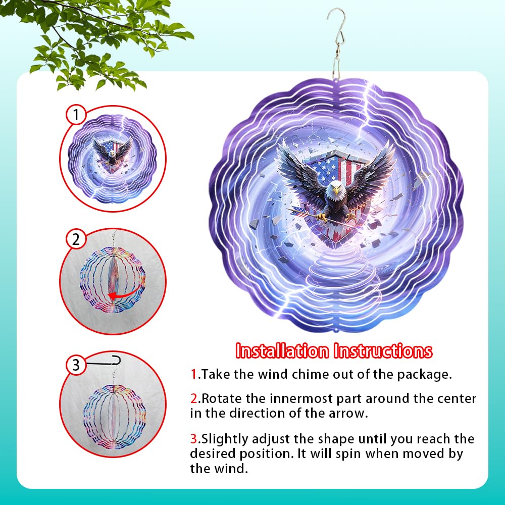 10x10 Patriotic Bald Eagle Spinning Wind Chime American Flag Lightning Wind Spinner Outdoor Garden Decor Memorial Day 4th of July Gift
