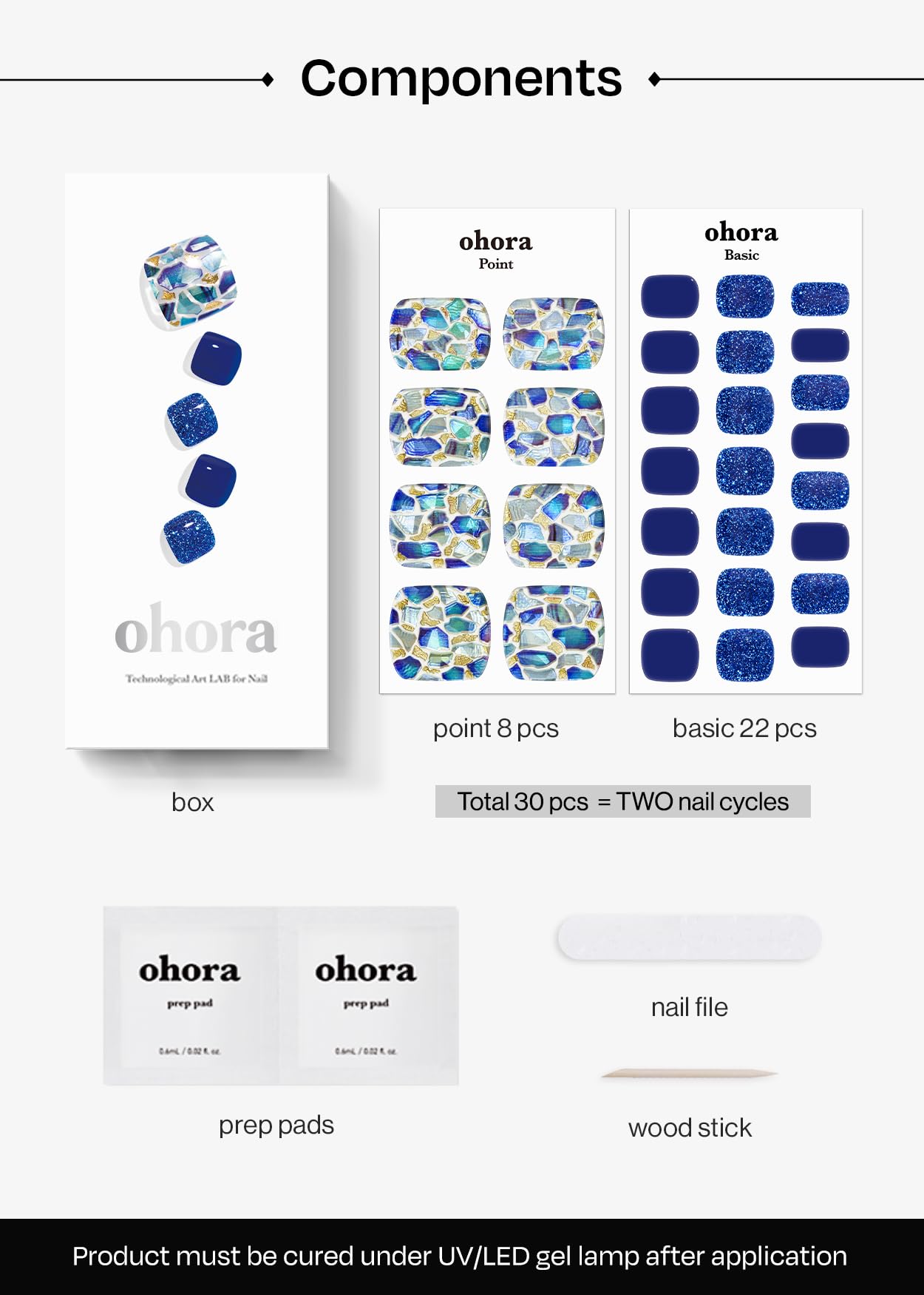 ohora Semi-Cured Gel Pedi Strips 34pcs(P Positano) - Includes 16 Solid Color, 14 Accent Wraps, 2 Prep Pads, Nail File & Wooden Stick