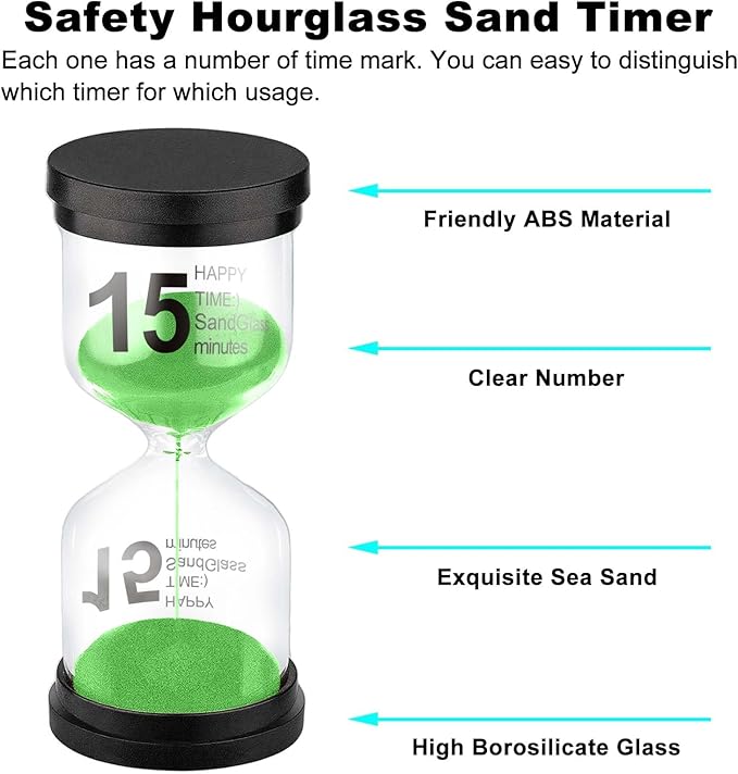 SuLiao 15 Minute Hourglass, Green Sand Clcok Timer, Colorful SandWatch 15 Min, Plastic Reloj De Arena 15 Minutos, Large Hour Glass Sandglass, Kitchen, Games, Classroom, Decor