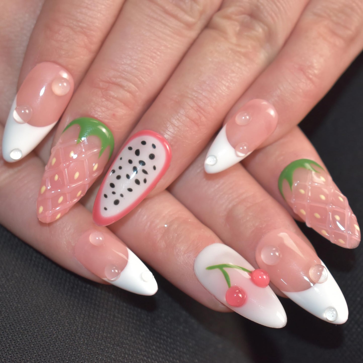 LIFOOST Handmade Press On Nails Medium Almond French False Nail Tips, 3D Pink Fruit Design 10pcs Reusable 3D Cartoon Glue On Acrylic Fake Nails