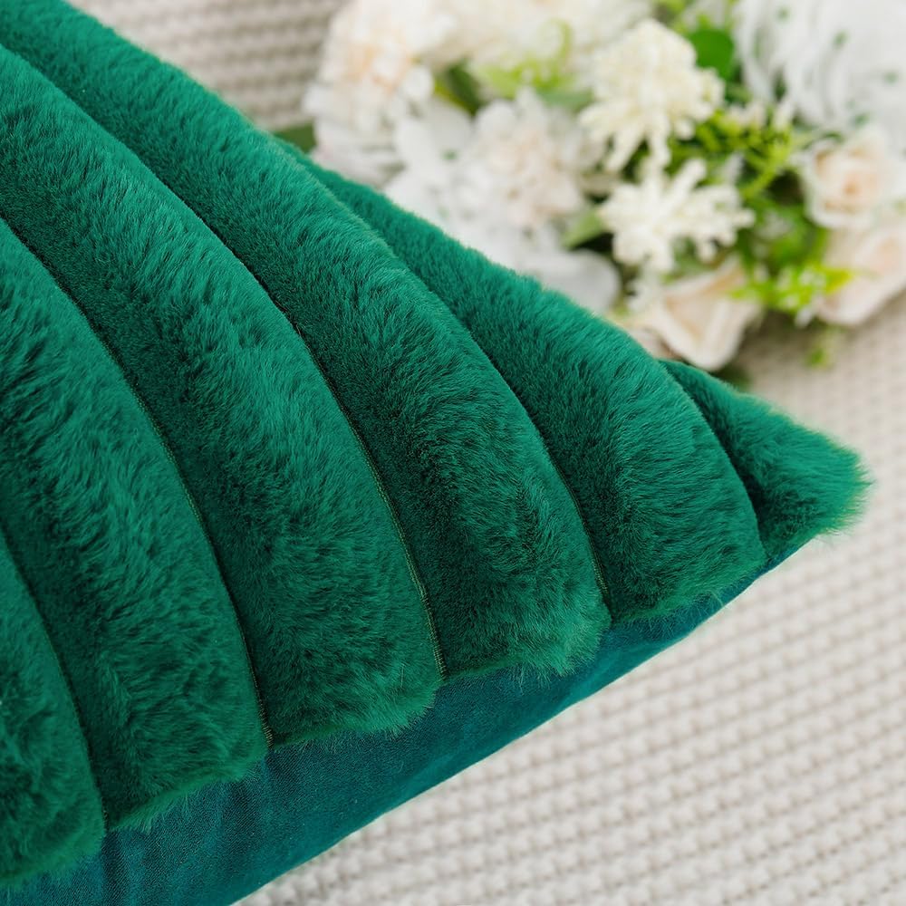 MADIZZ Set of 2 Faux Wool Plush Decorative Throw Pillow Covers 24x24 Inch Green Fluffy Striped Soft Decorative Cushion Cover for Sofa Bedroom Pillow Shell