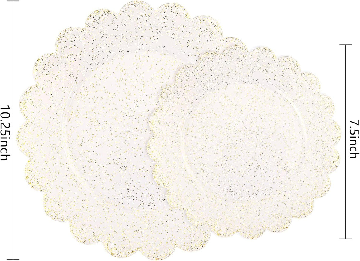 LIYH 60 Pcs Gold Glitter Plastic Scalloped Plates - Disposable Heavyduty Combo Plastic Plates Dishes Included 30 Dinner Plate 30 Dessert Plate for Weddings Party Birthday