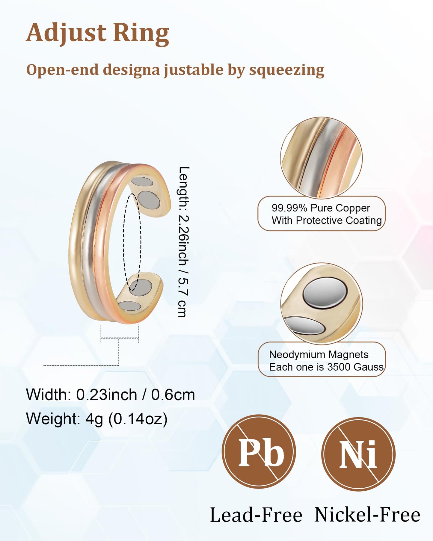 EnerMagiX Copper Ring for Women, 99% Pure Copper Adjustable Magnetic Rings, Jewelry（Tricolor Gold