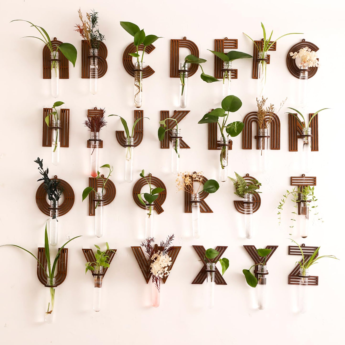 5 Pack Letter Wall Propagation Planters Test Tubes Wall Decor for Hanging Plants Clear Water Plant Vase Brown Wood Upletter Alphabet Functional Art Boho Set Dream