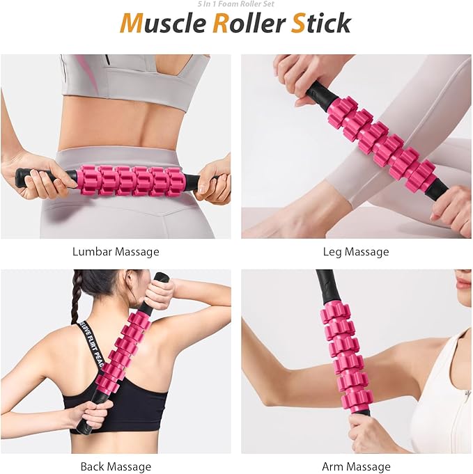 5 in1 Foam Roller Set, Trigger Point Foam Roller, Massage Roller Stick, Massage Ball, Resistance Band for Deep Muscle Massage Pilates Yoga,Fitness Exercise for Whole Body (Pink-Black)
