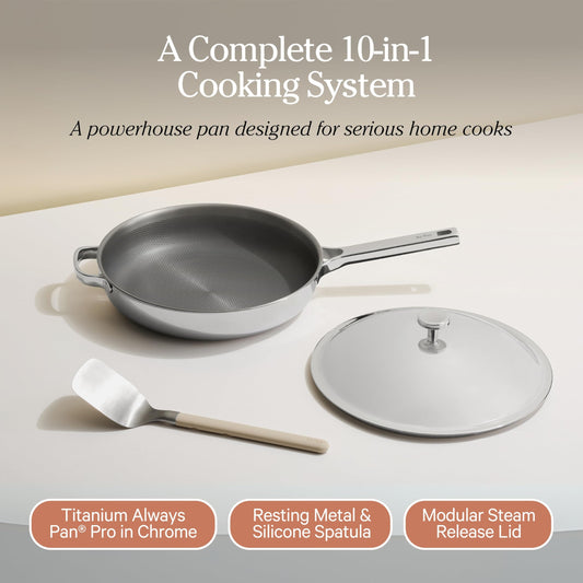 Our Place Titanium Always Pan Pro | 10.6" PFAS-Free Nonstick Frying Pan with Spatula | Chef-Grade Tri-Ply Stainless Steel & Aluminum Build | Induction & Oven-Safe up to 1000°F | Chrome